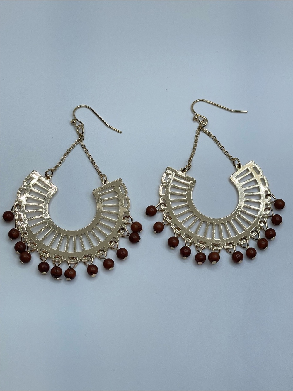 Gold Tone Boho Fan Dangle Earrings Brown Bead Fringe Statement